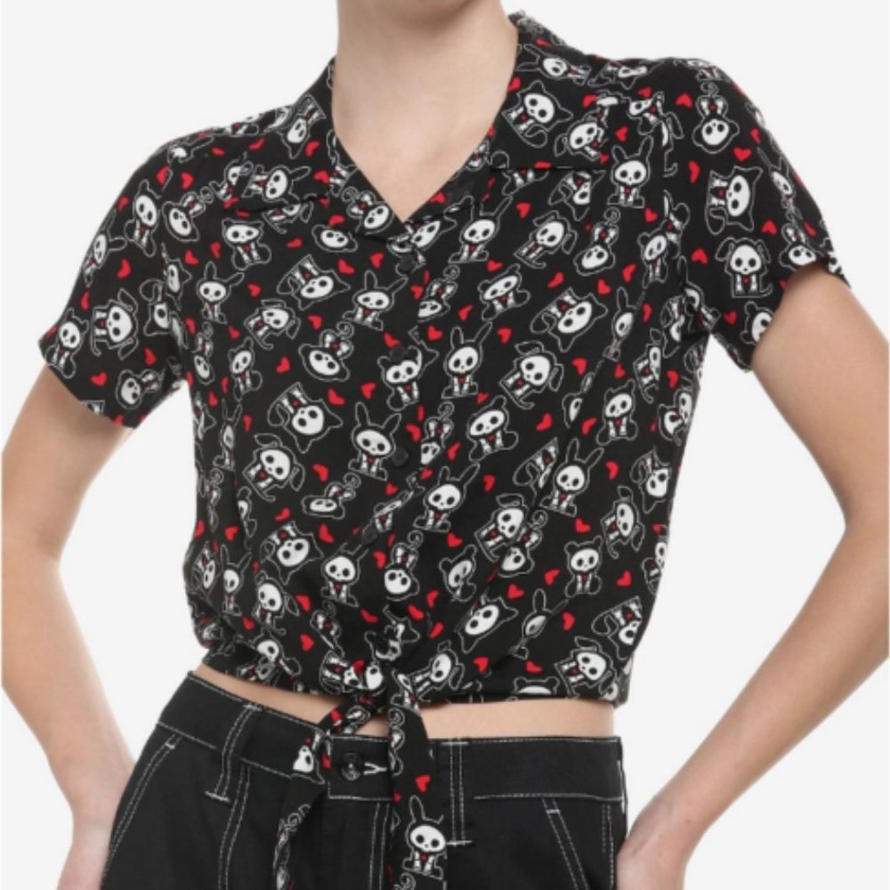Skelanimals Characters Heart All Over Print Tie-Front Woven Button-Up Top Size S